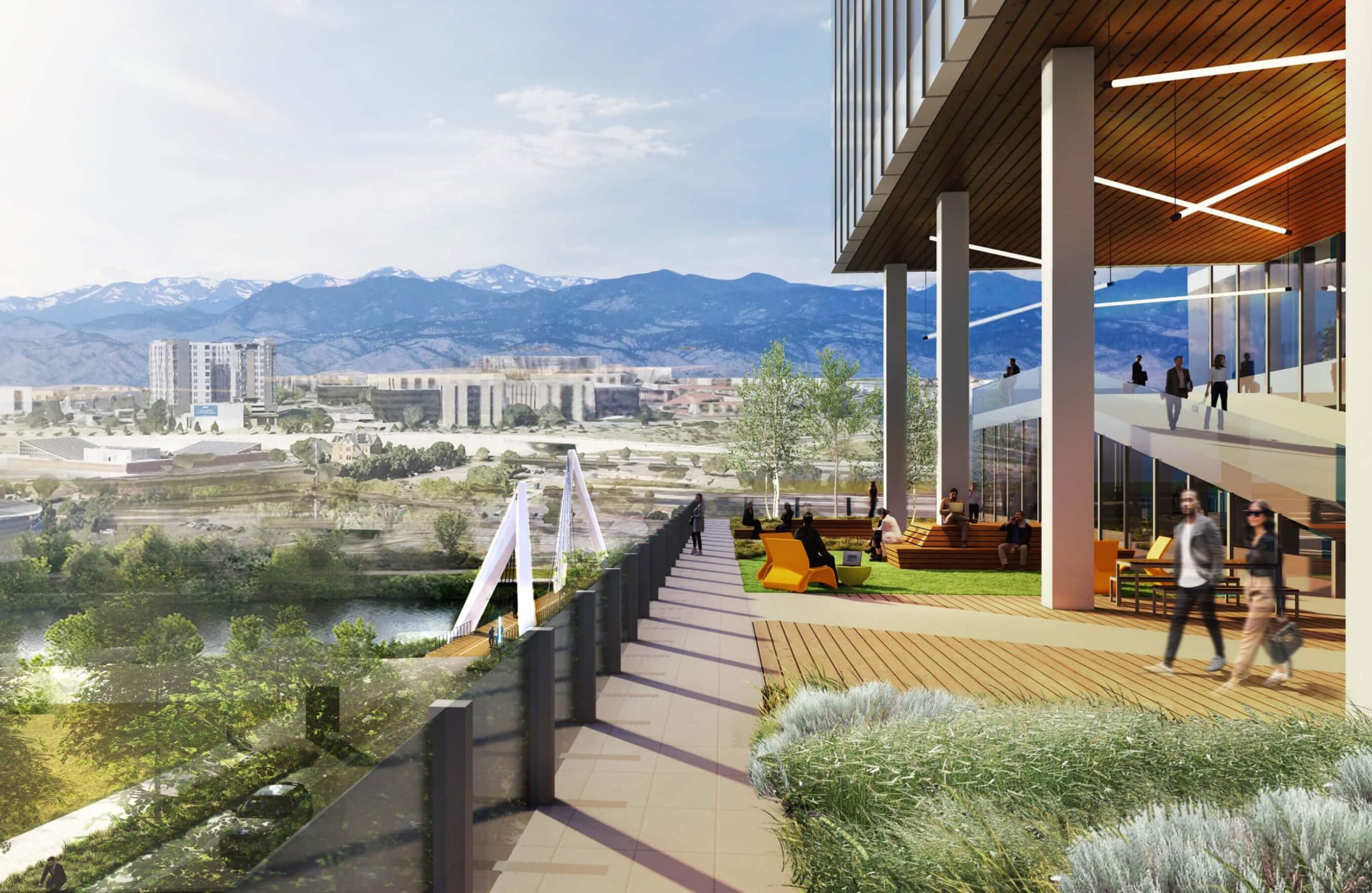 An artist's rendering of a building with a view of mountains.