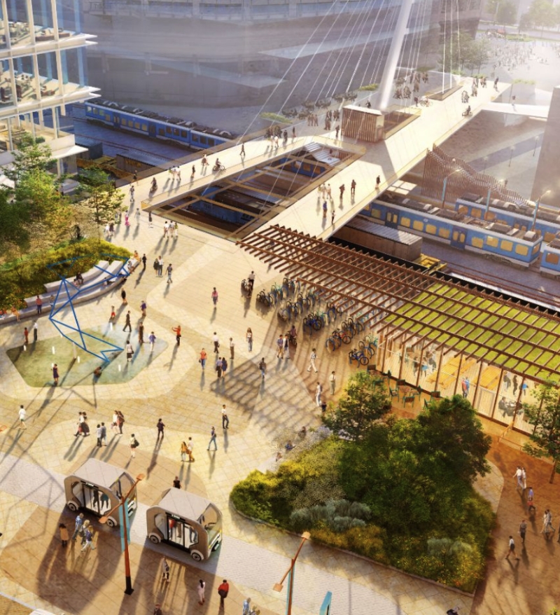 An artist's rendering of the future transit center at The River Mile