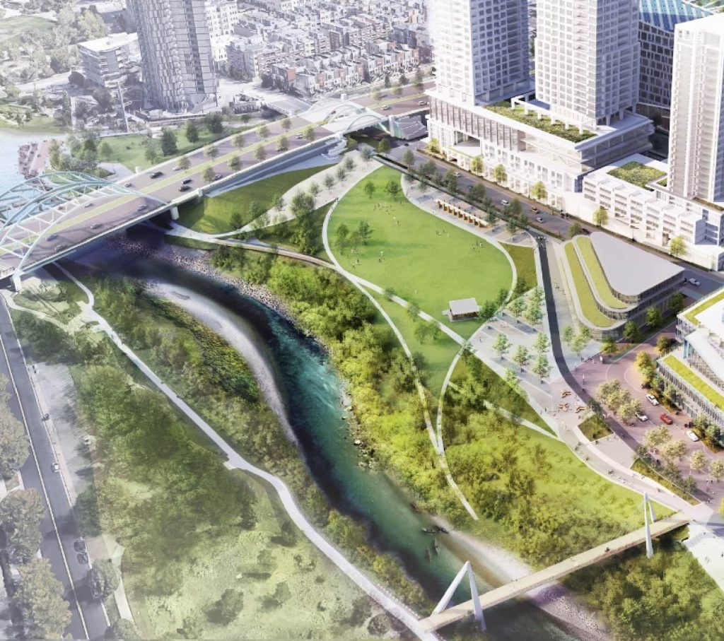 An artist's rendering of a city park with a river in the background.