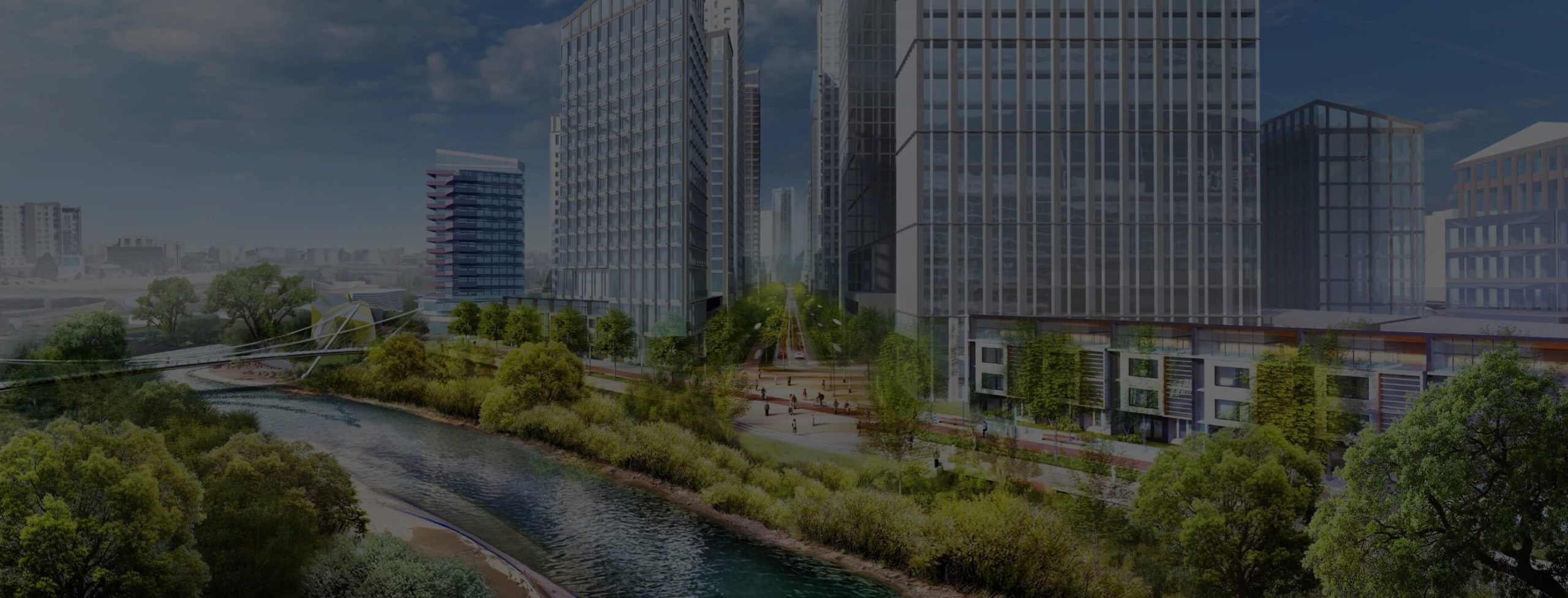 An artist's rendering of The River Mile in downtown Denver with trees and a river.